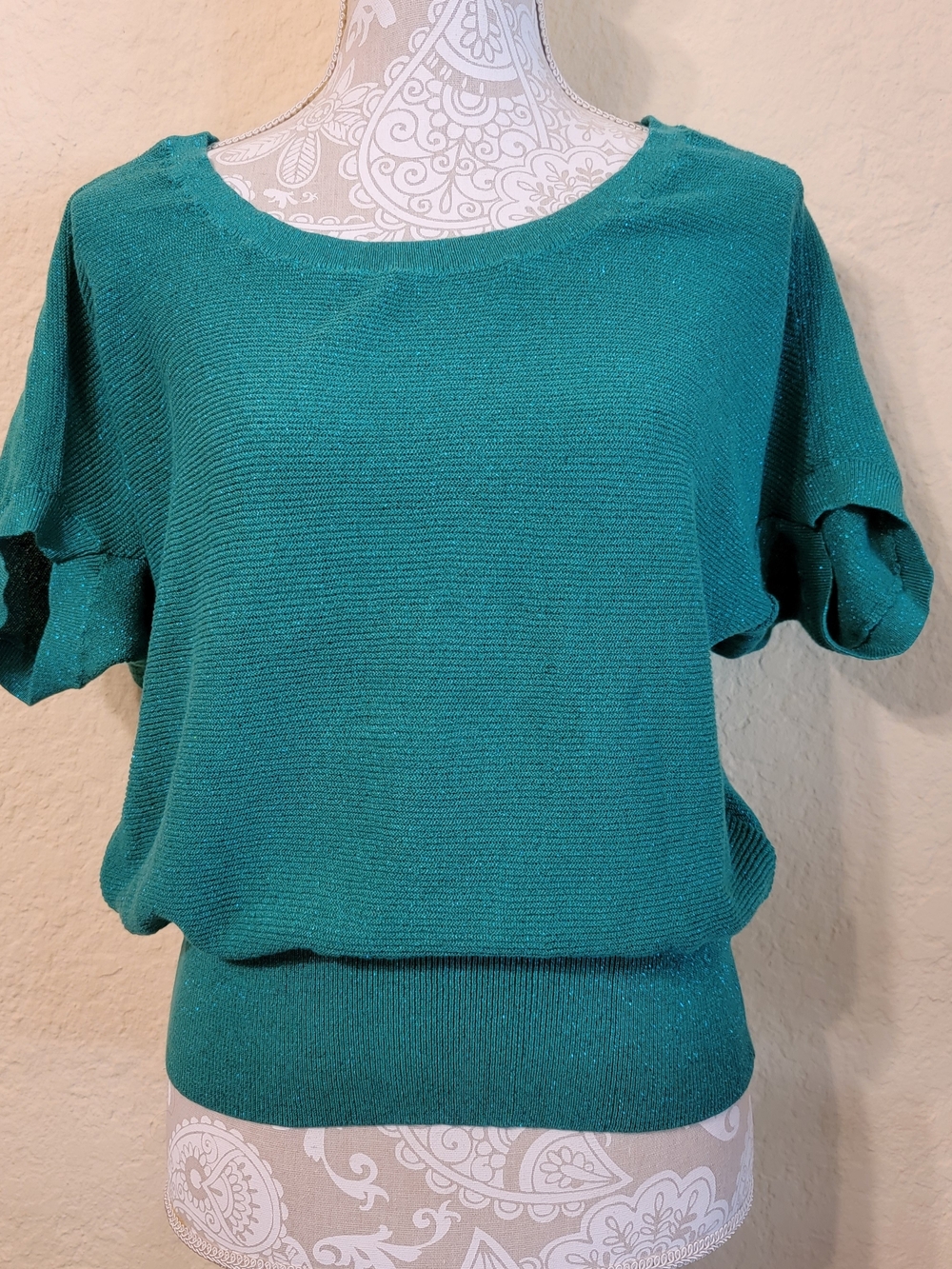 Express Teal Sparkle Knit Short Sleeve Dolman Top Sz M